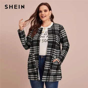 

SHEIN Plus Size Plaid Print Pocket Front Open Placket Coat Women Spring Autumn Office Lady Plus Longline Outwear Casual Coats