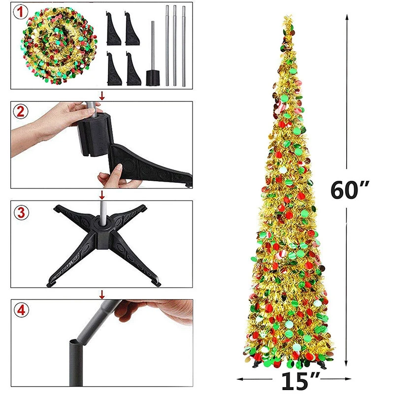 Лучшие 5 футов Рождественская мишура деревья легко-сборка многоразовые, складные искусственные карандаши тонкое дерево с блестящими блестками и пластик Sta