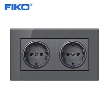 

FIKO 16A Double EU Standard Wall Socket Crystal Glass Panel Power Outlet Grounded With Child Protective Door Grey Black