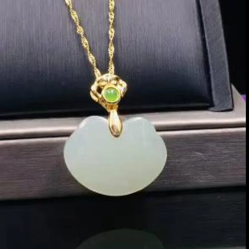 

Natural 925 Sterling Silver HeTian White Jade Ru-yi Lock Green Beads Gold Color Chain Pendant For Men Women Jewelry