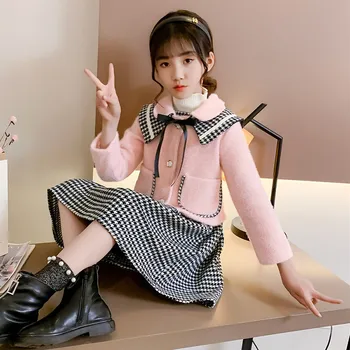 

Kids Winter Clothes Toddler Girl Thicken Fleece Warm Coat + Vest Dress 2pcs Set Teenager Clothing Children Outfit School Uniform