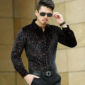 

Men's Slim Soft Velvet Shirt Leopard Printed Long Sleeve Casual Business Tops