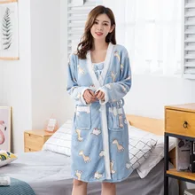 Толстый осенний синий милый женский фланелевый Халат-кимоно, зимний комплект из 2 предметов, ночное белье, сексуальная Домашняя одежда, пеньюар, домашняя одежда
