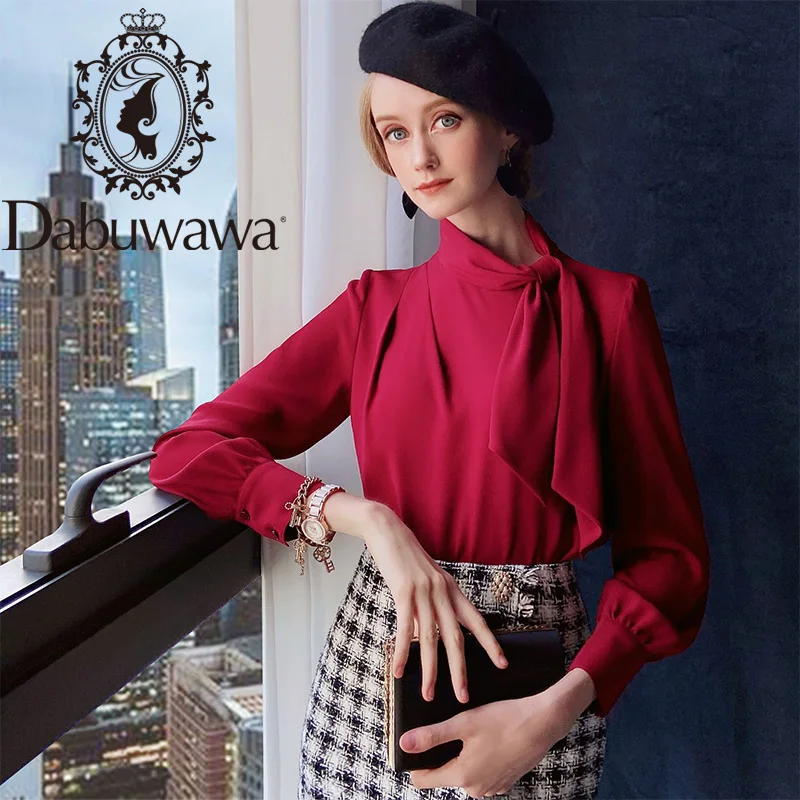 

Dabuwawa Christma Vintage Burgundy Bow Tie Neck Solid Blouse Office Lady Long Sleeve Elegant Shirts Women Slim Fit DT1CST014