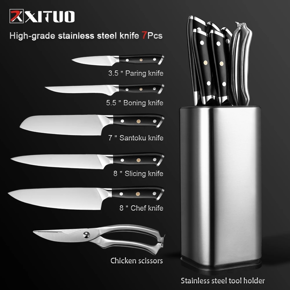 XITUO Seven-piece Set Kitchen Knife Premium German Steel Chef Meat Cleaver With Scissors Holder Cooking Tool | Дом и сад