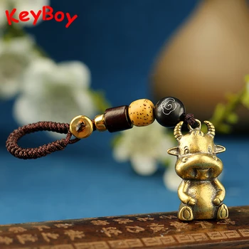 

Brass Zodiac Bull Figure Rope Keyring Hanging Trinkets Vintage Copper Cute Cow Calf Pendants for Keychain Women Backpack Decors