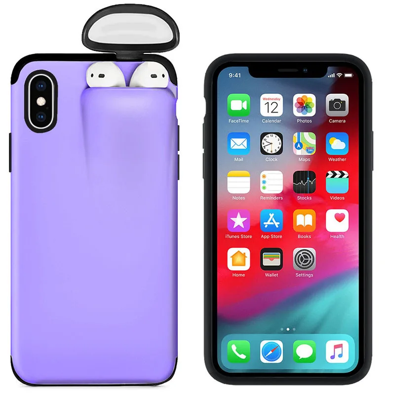 2 в 1 чехол для телефона с Airpods чехол для IPhone 11 Pro Max Xs Max XR 8 7 Plus силиконовый чехол для телефона AirPods чехол для AirPods - Цвет: purple