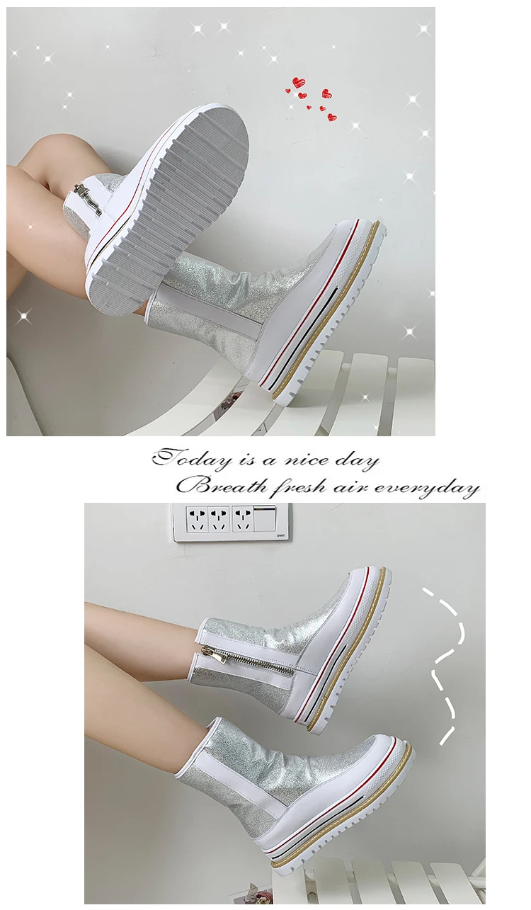 Women Mid Calf Boots Platform Chunky Short Boots Ladies Winter Keep Warm Non-slip Waterproof Women Shoes Black Silver