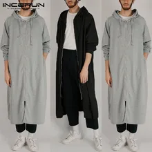 INCERUN/модные толстовки для мужчин, одноцветные, с длинными рукавами, на молнии, с капюшоном, длинные толстовки, мужская одежда в стиле хип-хоп, плащ
