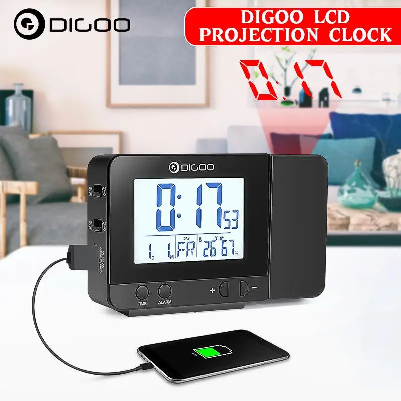 Comprar DG C10 proyección LED tiempo de visualización alarma Digital termómetro humedad FUNCIÓN DE Snooze escritorio relojes USB retroiluminación proyector