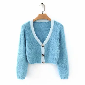 

2020 Spring Women's New French Retro Deep V-neck Low-cut Sexy Single-breasted Contrast Stitching Slim Long Sleeve Sweater