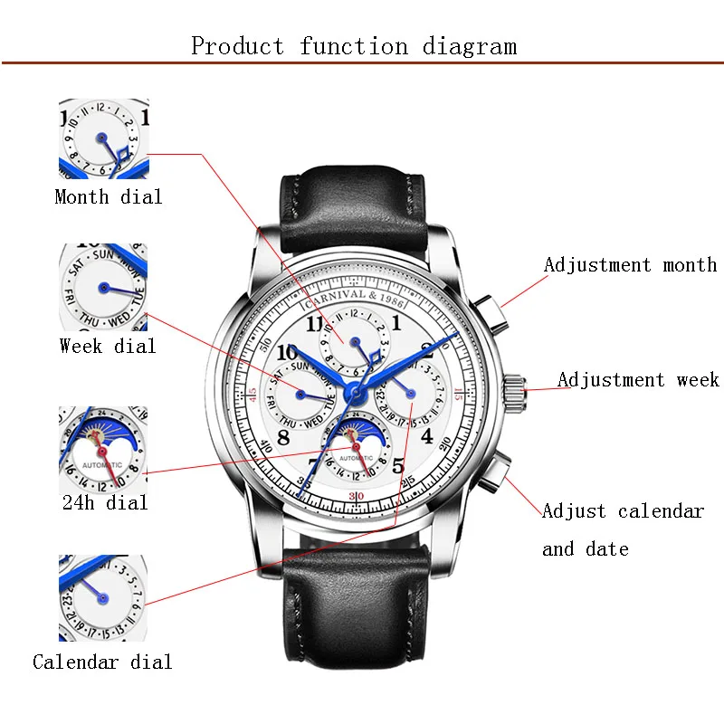 Карнавал автоматические механические часы для мужчин водонепроницаемые часы для мужчин Дата Неделя Месяц мужские наручные часы Relogio Automatico masculino