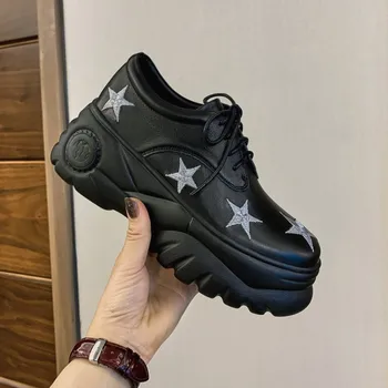

Womens Sneaker Round Toe Lace Up Star Embroidery Lolita Wedge Heels Sport Shoes Retro Platform Shoes Harajuku Loita Black White