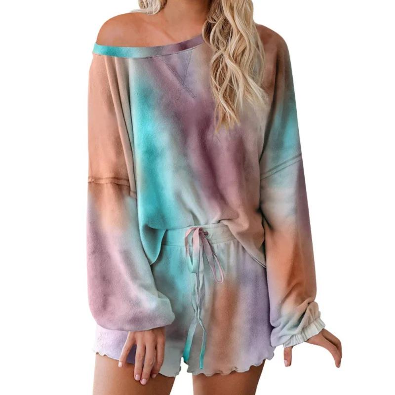 

2020 Tie Dye Two Piece Set Loose Suit Sweatsuit Long Sleeve Pullover Drawstring Sweatpant Female Casual Clothing Homewear Outfit