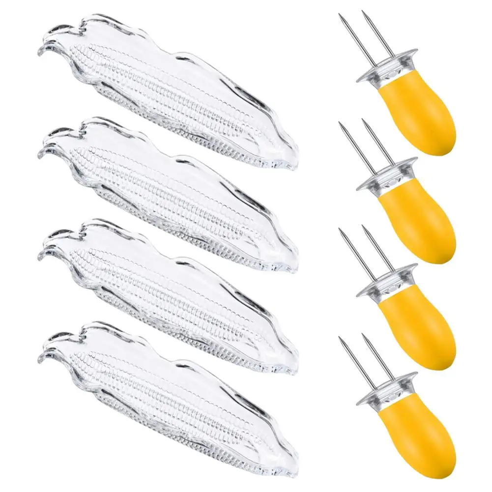 4pcs Corn Tray And 4pcs Corn Cob Holder Set Barbecue Tools Transparent Plastic Dish Grilling Fork With Anti-scald Holder