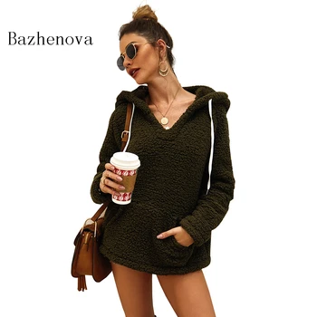 

Fashion Woman Flannel Hoodies V Collar Pullovers Sexy Winter Warm Sweatershirt Tops Blouse D1018