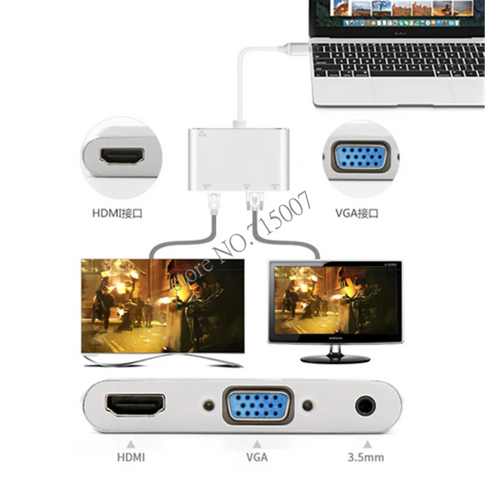 Многофункциональный USB 3,1 type-C комбо 3 в 1 USB-C к HDMI цифровой AV& VGA& 3,5 мм аудио адаптер для ноутбуков и ноутбуков