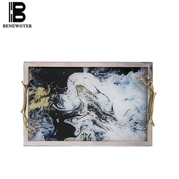 

Nordic Marble Pattern Glass Storage Tray Rectangle Creative Glass Metal Tea Trays Cosmetic Jewelry Display Plate Home Decoration