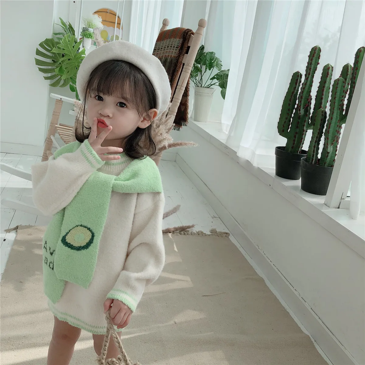 

Fall and Winter 2019 New Girl Fruit Scarf Sweater Dresses Toddler Kids Long Sleeve Casual Fashion Pullover Chenille Clothing