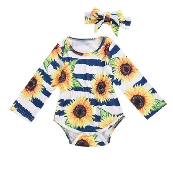 

New Newborn Baby Sunflower Stripe Romper Long Sleeve Comfortable Soft Playsuit+ Bow Headband Outfit 2Pcs