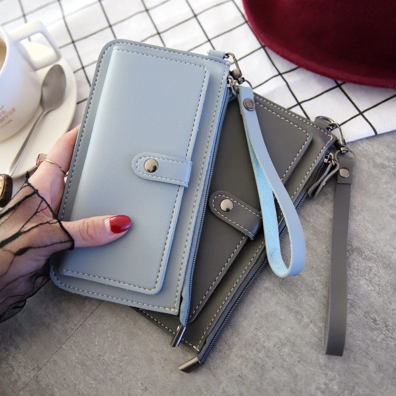 Ougger Long Women's Zipper Wallet Big Leather Wallets Clip PU Vintage Classic Coin Purse with Strap for Cards and Money