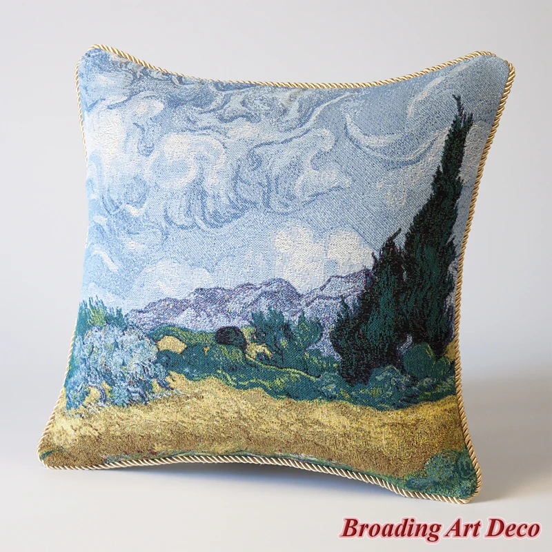 

Van Gogh Tapestry Pillow Cushion Cover - Wheat Fields with Cypresses, Jacquard Weave Cotton 100% Double Sided Size 45x45cm