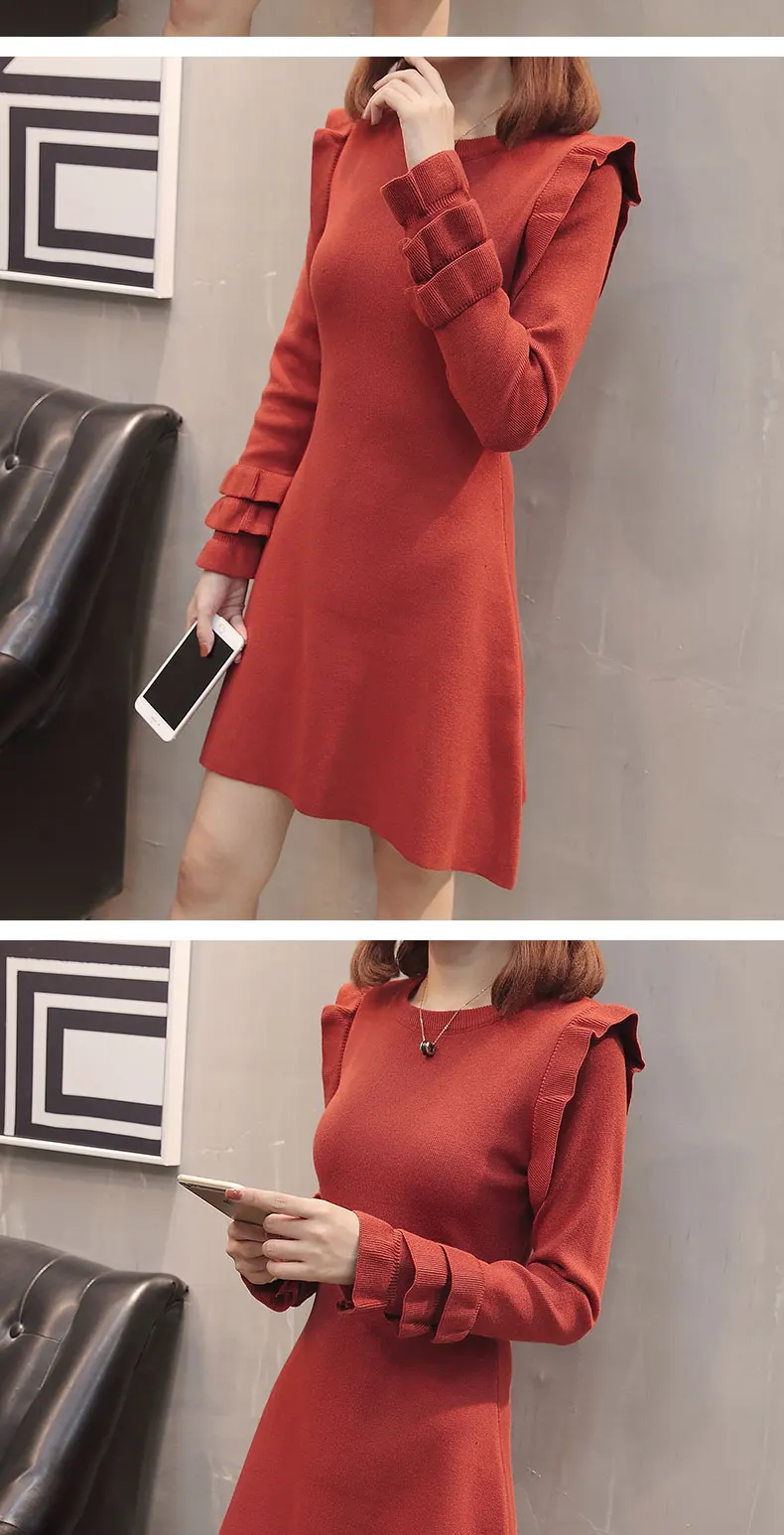 Супер-горячий свитер женский осенне-зимний корейский стиль круглый воротник средней длины тонкий пуловер трикотажное платье-0750