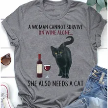 Женщина не может выживать на вино одна ей нужны кошки унисекс Мужчины Женщины Футболка Высокое качество футболка