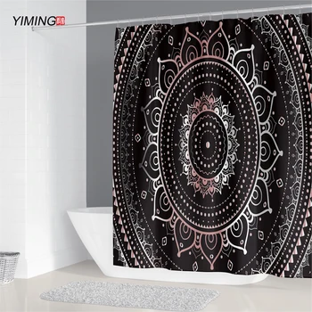 

3D Black geometric printed shower curtain mildew proof waterproof washable curtain with hanging buckle support customization