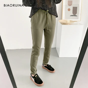 

BIAORUINA 3 Color Women's Solid All-match Elastic Drawstring Casual Pant Female Basic Cotton Everyday Trouser Active Wear