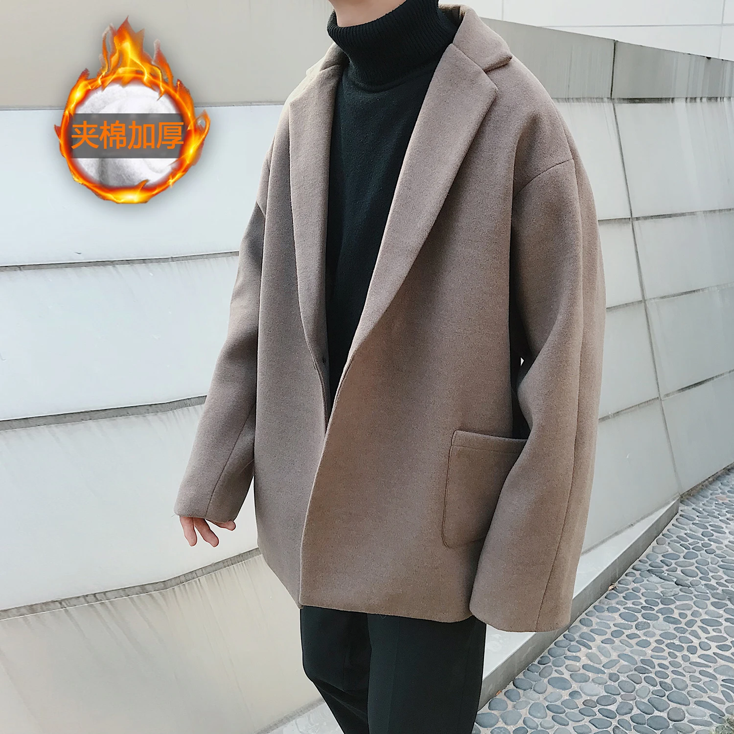 Winter Short Woolen Coat Men Fashion Solid Color Casual British Wind Woolen Jacket Man Loose Cotton Thick Woolen Overcoat Male - Color: Coffee and cotton
