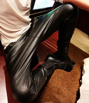 

Spring Autumn men drop crotch harem trousers men baggy Black casual punk elastic waist Plus size faux leather pants 34 36