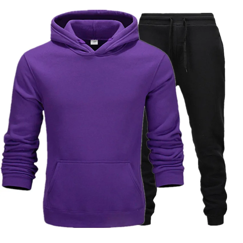 Новая мода для мужчин s толстовки костюмы бренд спортивный костюм мужчин Хип Хоп Толстовки+ тренировочные брюки осень зима флис пуловер с капюшоном - Цвет: Purple Pants Black
