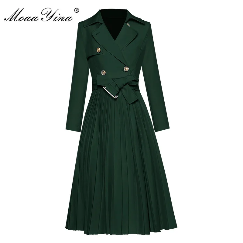 

MoaaYina Fashion Designer dress Spring Autumn Women's Dress turn-down collar Long sleeve Double breasted lace-up Pleated Dresses