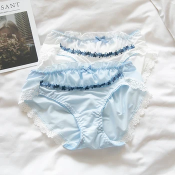 

Lovely Young Girl Lace Trim Bow Milk Silk Student Panties Underwear White Blue Small Fresh Female Mid-rised Briefs