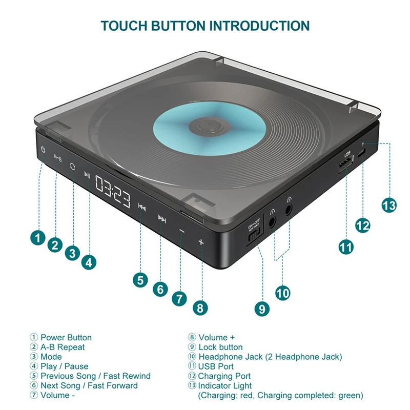 Leitor de Disco Fones de Ouvido Leitor de cd Rechargable Reproductor Duplo Walkman Portátil cd - Image 3