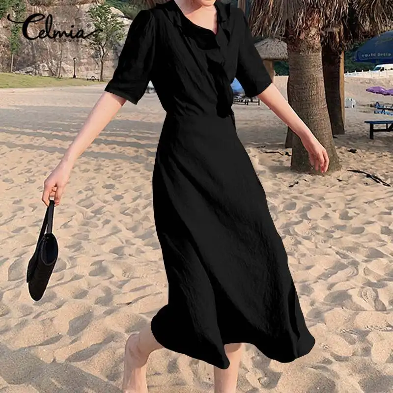 

Celmia 2020 Summer Women Ruffled Dress Half Sleeve Sexy V-neck Elegant Party Sundress Casual Solid Belted Beach Vestidos S-5XL