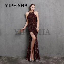 Glittery O-Neck Front High Split Evening Dress Mermaid Simple Sequined Formal Prom Party Gown robes de soirée vestidos de fiesta