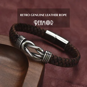 

REAMOR Men Bracelet Jewelry Retro Brown Cowhide Braided Leather Bracelet Stainless Steel Infinite Knot Magnetic Clasp Bangles