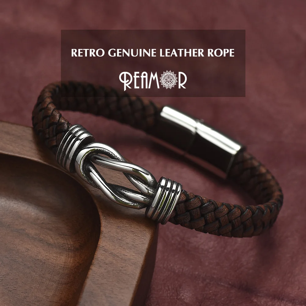 Мужской браслет REAMOR коричневый плетеный из воловьей кожи в стиле ретро