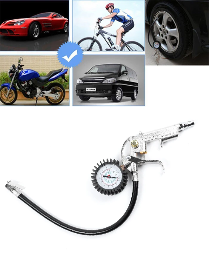 

220 psi Car Bike Tire Inflator With Air Pressure Gauge Pistol Chuck Hose