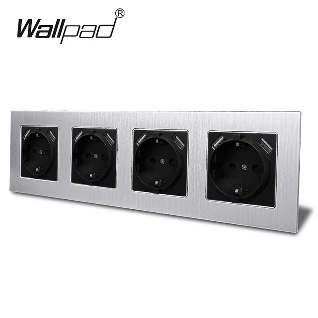 Double EU Schuko Power Socket with Double USB Charging Ports 5.1DC 2.1A For EU Round Box Wallpad 156*86mm EU Outlet with USB 4 Metal Silver Black