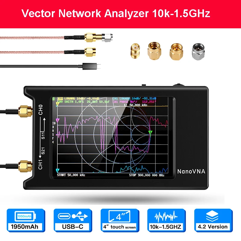 Сетевой антенный анализатор NanoVNA-H4 10KHz ~ 1 5 GHz VNA 4inch LCD 1950MAh батарея HF VHF UHF UV Vector |