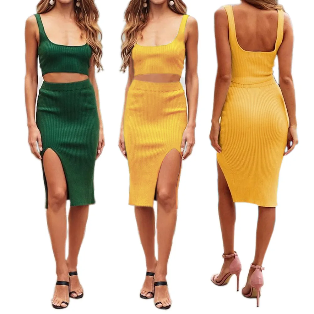 

Women Knitted Two Piece Set Sleeveless Tank Top Crop Tops and Split Midi Skirts Fashion Sexy Casual Outfits Women's Clothing