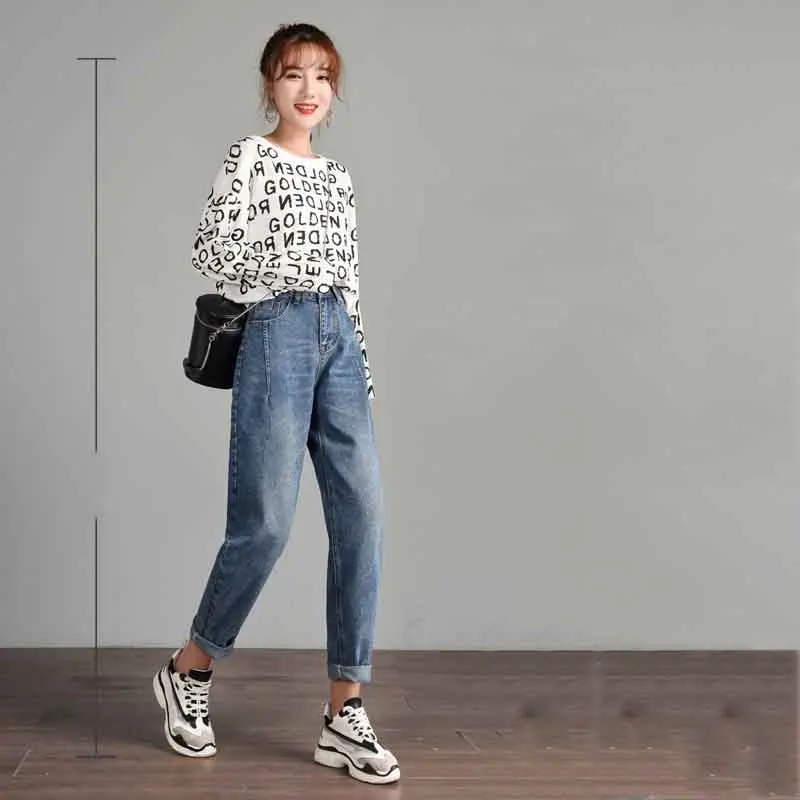 Высокое качество Slim Fit Для женщин свободные джинсы с аппликацией в виде Высокая талия девять штаны осень Повседневное ковбойские штаны для мальчиков Новинка осени одежда для пребывания на открытом воздухе