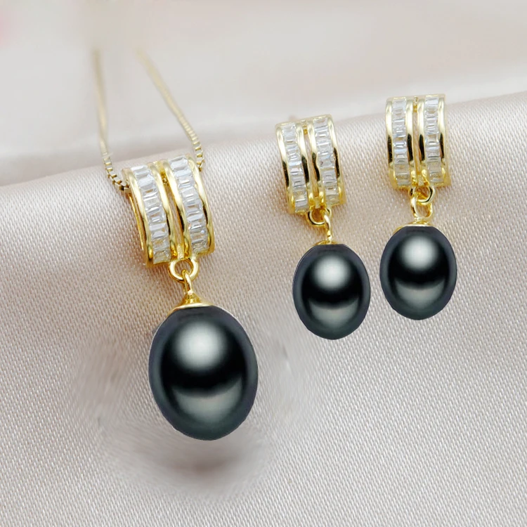 

MeiBaPJ 2 Colors Real 925 Sterling Silver Simple Jewelry Set Natural Rice Pearl Pendant Earrings Wedding Jewelry for Women