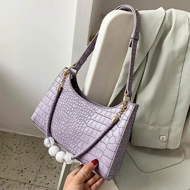 

Crocodile Pattern Women Shoulder Bags Pearls Chain Design Women Handbags Casual Solid Color Ladies Hand Bags Female Handbag 2020