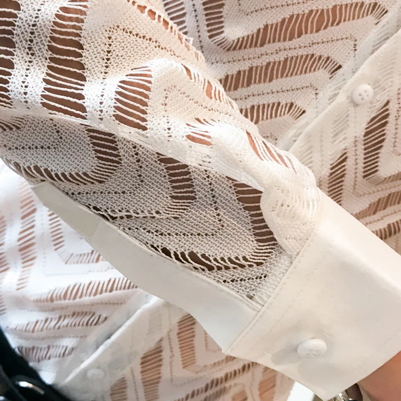 Stitching Striped Shirt Summer Men Transparent Lace Cutout Shirt Camisa Long Sleeve Slim Club Prom Party Social Masculina long sleeve shirt men see shirt