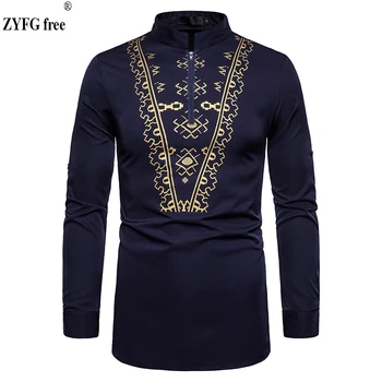 

African style men spring long sleeve shirts Telescopic sleeves design shirts men stand neck print casual shirt plus size