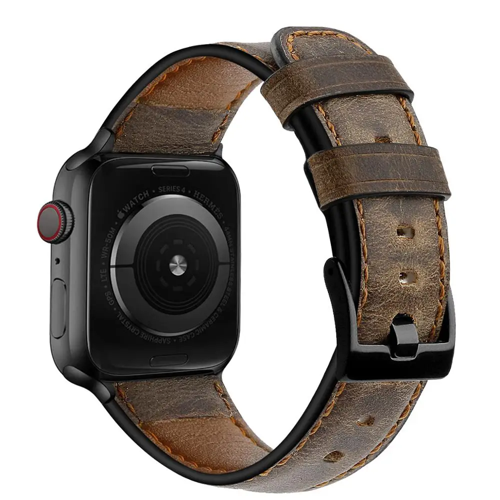 Ремешок кожаный для Apple watch band 44 мм 40 42 38 ретро браслет из коровьей кожи iWatch Series 5 4 3